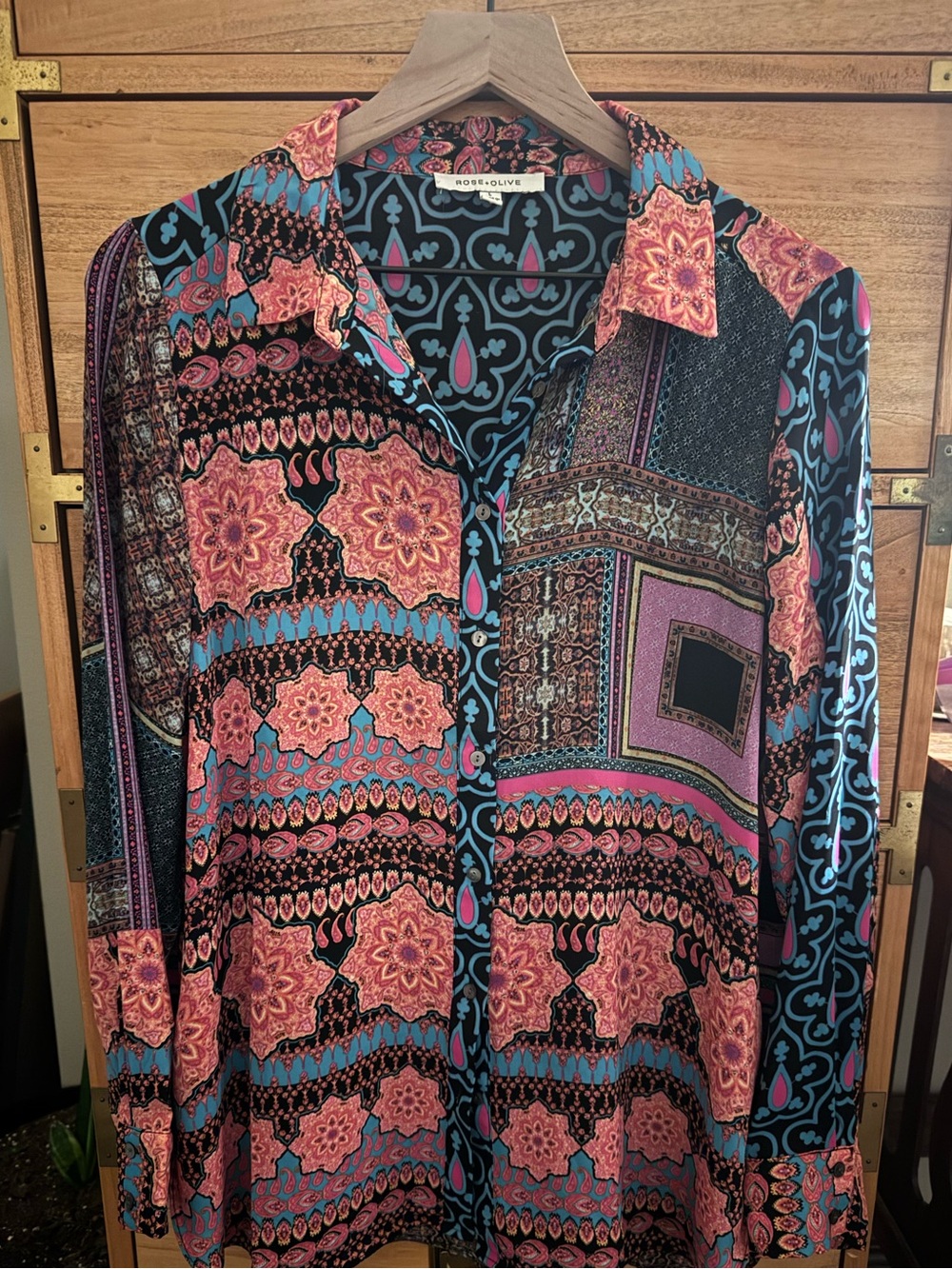Rose & Olive Pink and Teal Patterned Button-Down Shirt